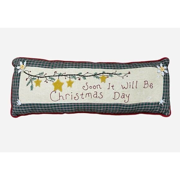Vintage Soon It Will Be Christmas Day Pillow 21 x 8 Plaid Embroidered Rustic - Picture 1 of 13